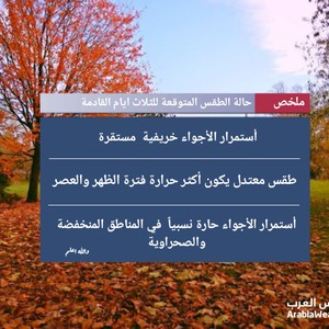 ملخص حالة الطقس/استمرار الاجواء المعتدلة والمائلة للحرارة فترة الظهر والعصر 